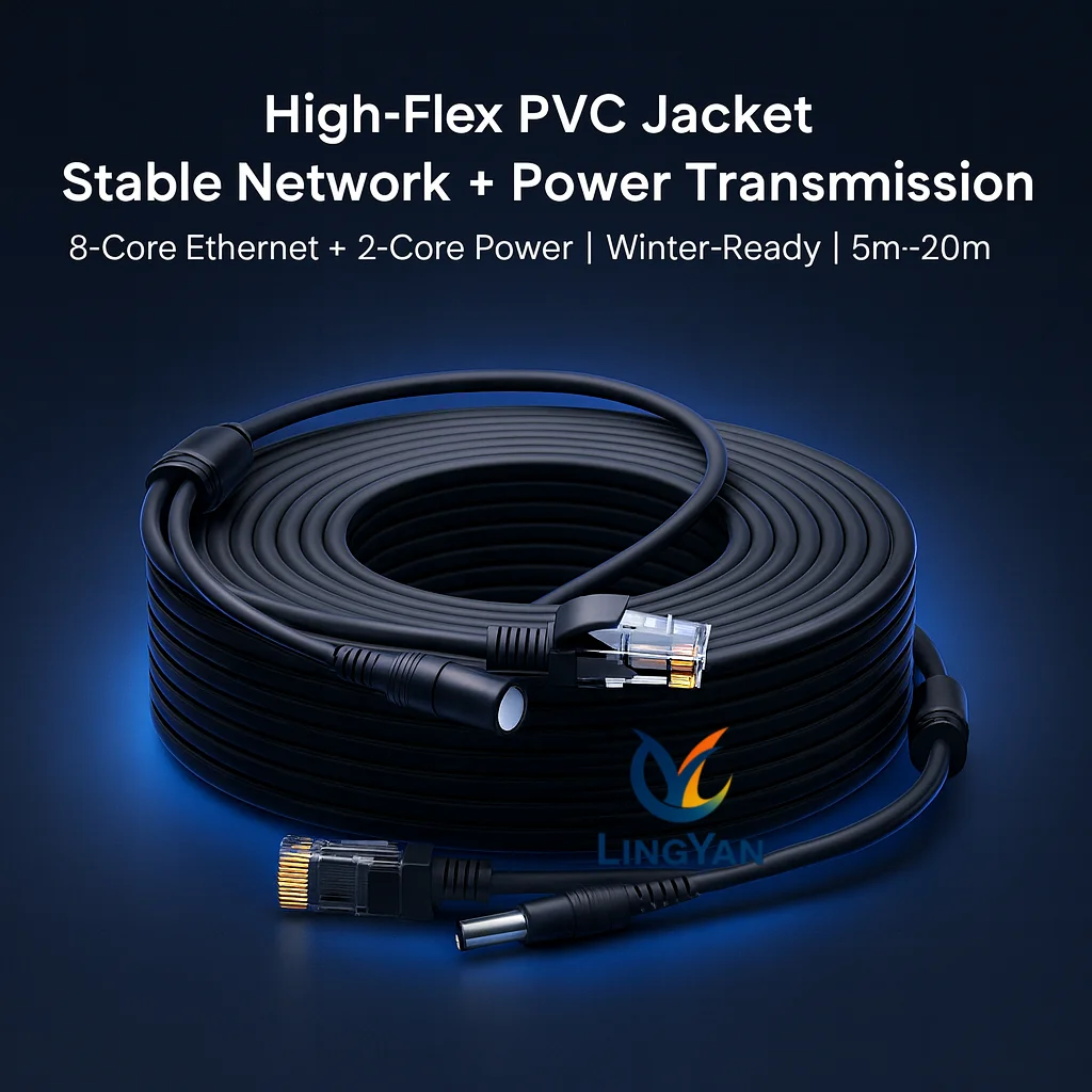 

Winter-Ready 8+2 CCTV Extension Cable | DC5.5×2.1 + RJ45 One-Cable Power & Network | High-Flex PVC for IP Cameras 5–20m