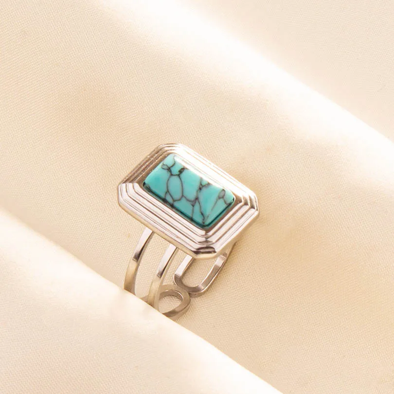 Classic Fashion Sky Blue Stone Ring Stainless Steel No Fading Round Water Drop Square Rings For Men Women Finger Ornament