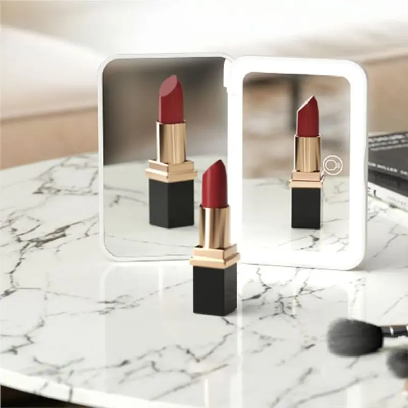 Miroir de poche Rechargeable, éclairage LED 3 couleurs, grossissement 2X, miroir cosmétique pliant pour vanité