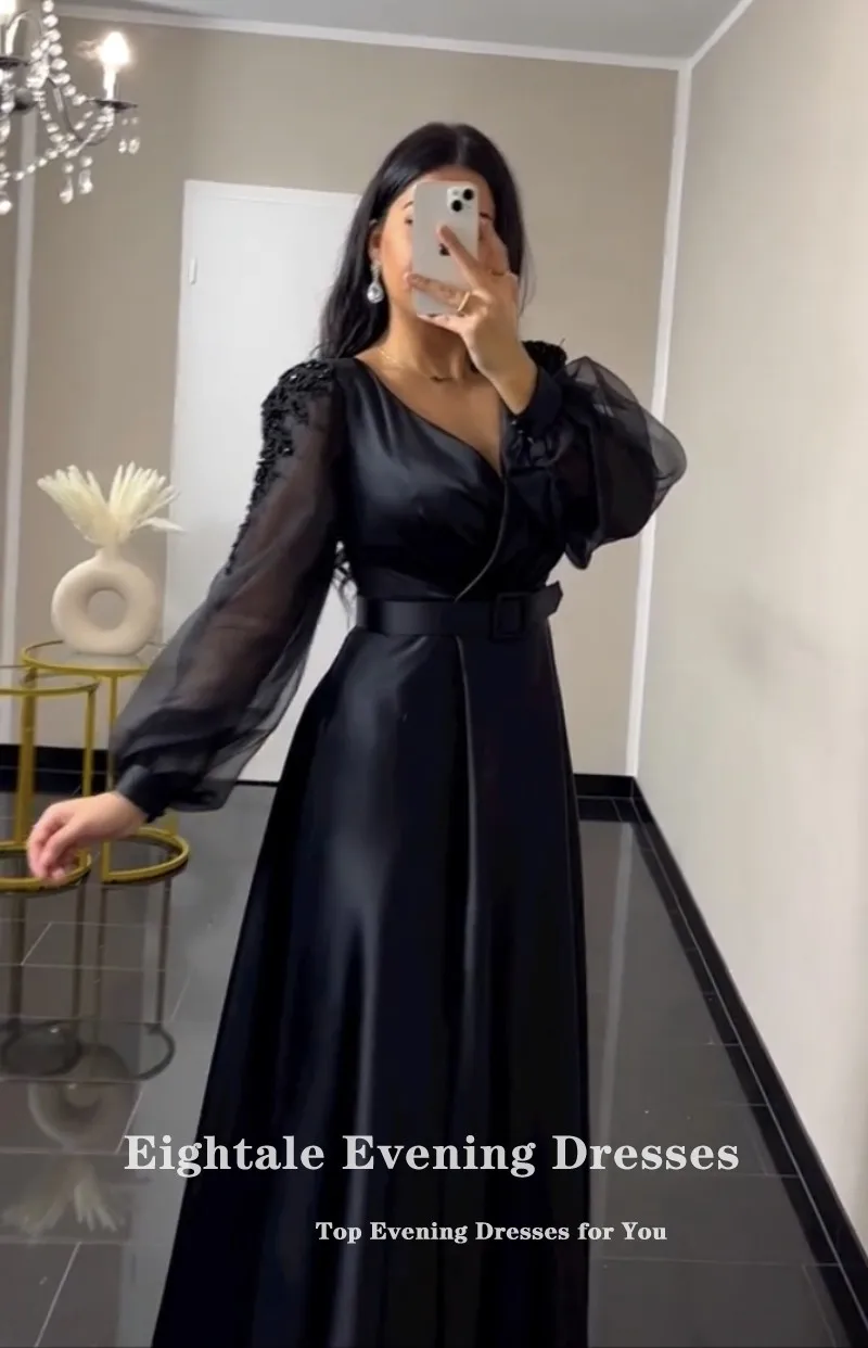 Eightale Black Evening Dresses Customized V-Neck Long Sleeves Satin A-Line Prom Gown Wedding Party Dress Ballkleider Robe Soirée