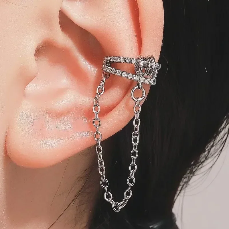 

1 Piece 925 Sterling Silver Zircon Multi Round Chain Clip Earrings for Women Punk Fine Jewelry Minimalist Accessories