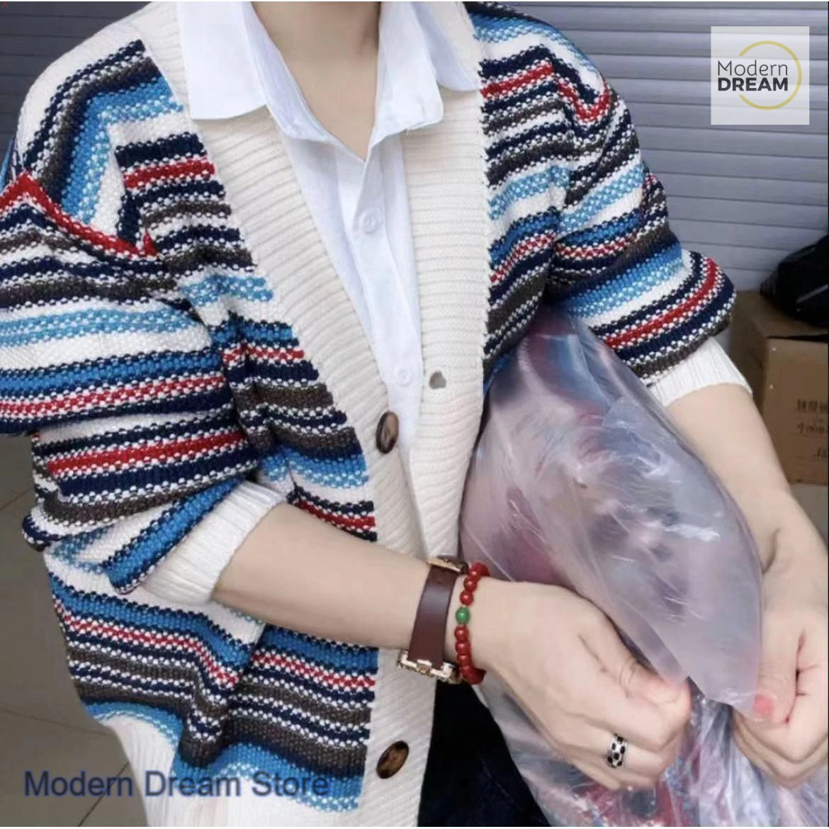 프렌치 스타일 패션 컬러 스트라이프 스웨터 코트 여성용 가을 겨울 신상 캐주얼 웨스턴 스타일 루즈 조커 스웨터 코트