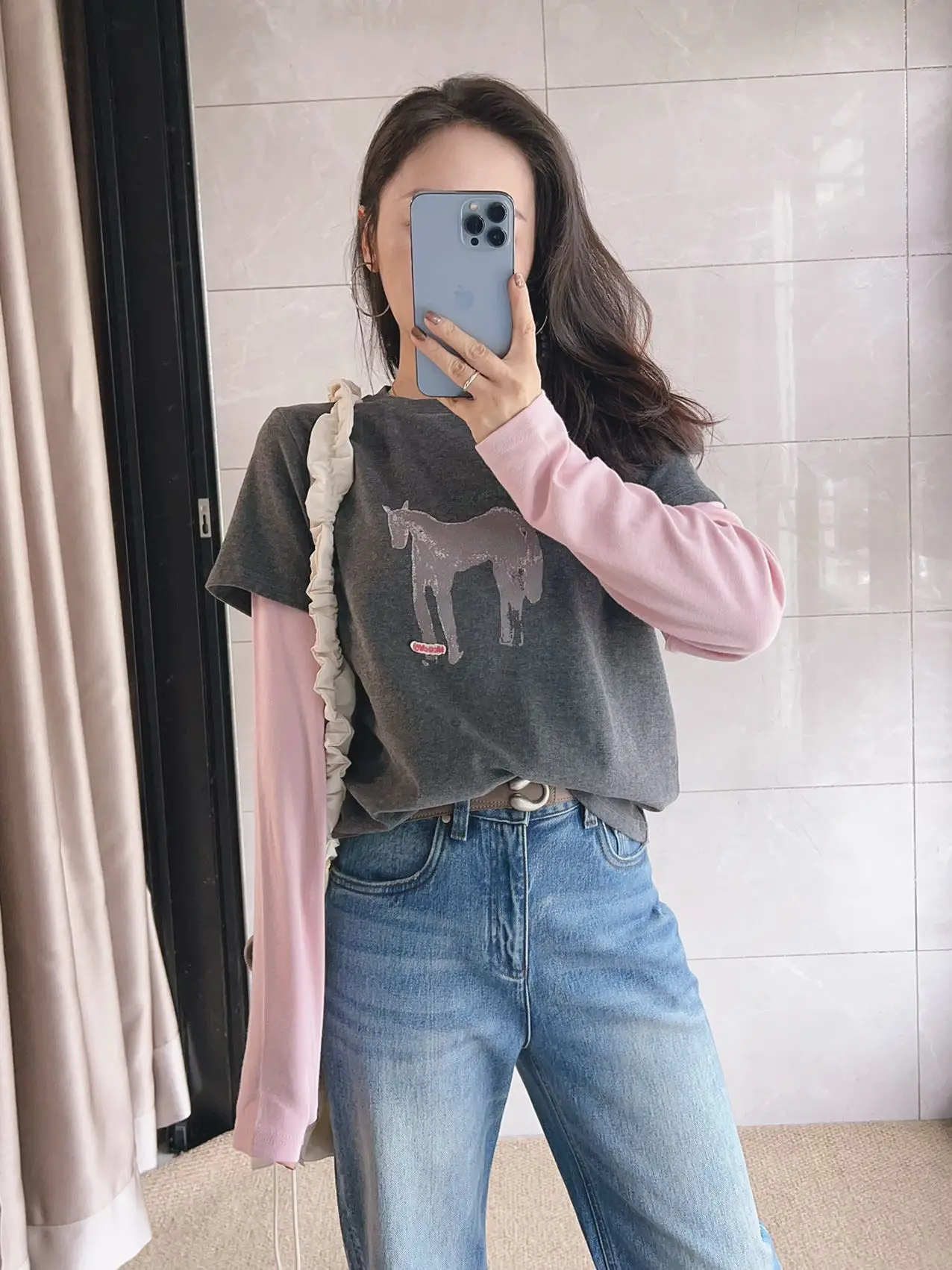 

Romantic Pink Sleeve Color Block Vintage Loose Soft Long Sleeve T-Shirt Casual Style Full Cotton round Neck Animal Pattern