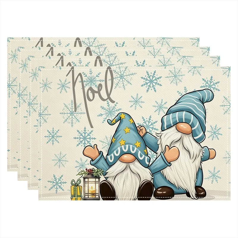VIKAMA Linen Placemats Pink Christmas Gnomes Gray White, Stain Resistant Easy to Clean, Dining Table Holiday Decor