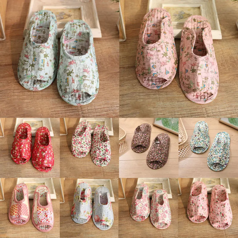 

Women Indoor Slippers Spring Autumn Soft Cotton Japanese Toe Sole Slippers Ladies Flip Flop Vintage Floral Home Bedroom Slippers