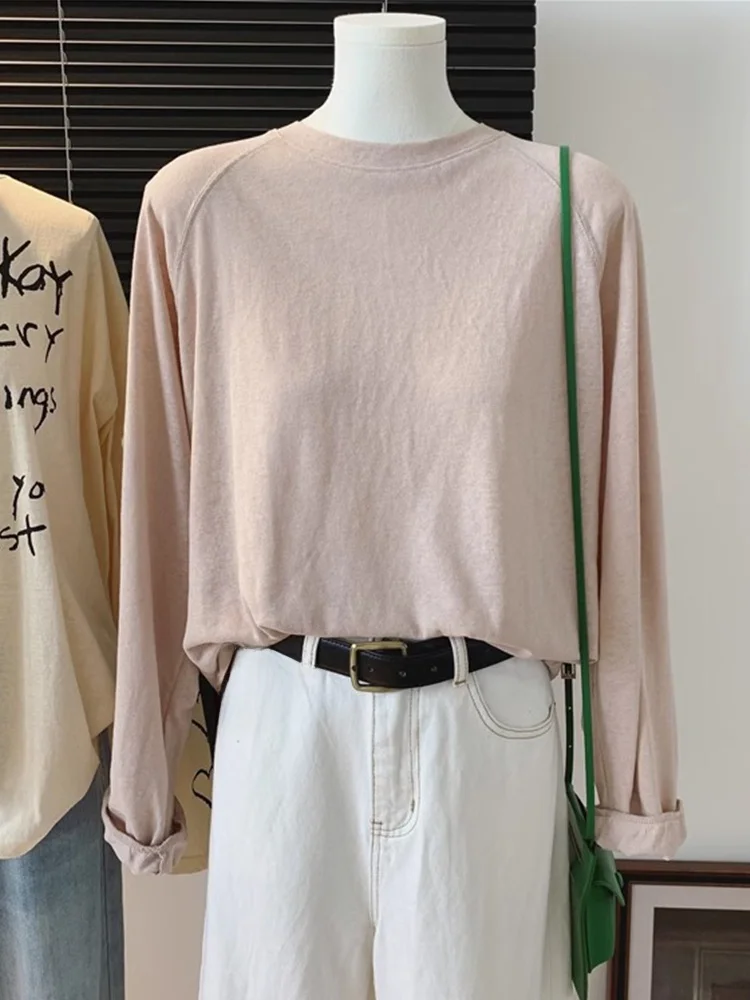 

Comfortable Long Sve Snowflake Cotton T-irt Women's Spring 2024 New Sle Simple Pure Color Loose Base Top