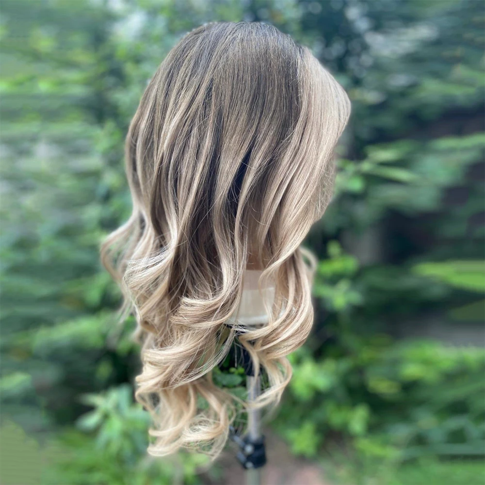 Parrucche sintetiche marrone scuro Biondo cenere Balayage Evidenzia miscela Parrucca di capelli umani 13x4 Parrucca anteriore in pizzo Glueless Wear & Go Perdita di capelli delle donne