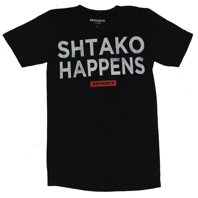 Defiance TV Show Adult New T Shirt SHTAKO HAPPENS Distressed Block Letter Pic
