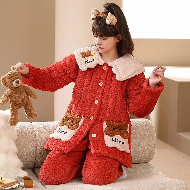 Pajamas Three Layers Cotton Padded Sleepwear Sets Women Coral Velvet Warm Flannel Autumn Winter Outside Wear Home Service Suit