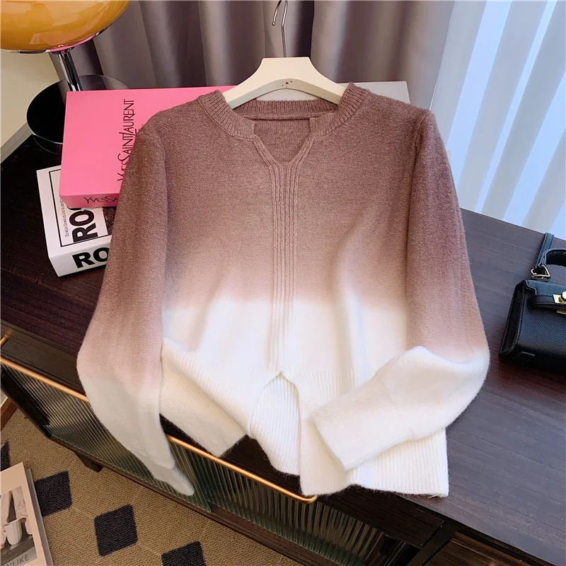 French elegant gradient color V-neck ladies knitted sweater autumn long sleeve gentle fashion pullover short sweater