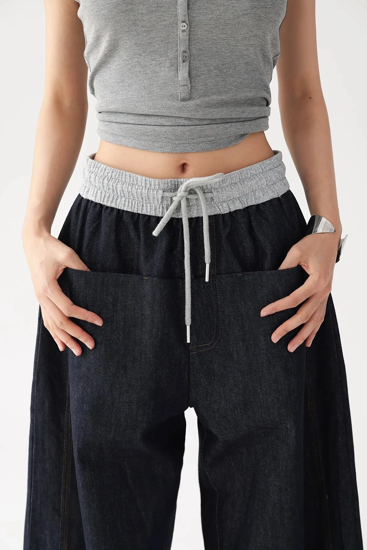 مرونة الخصر المرأة الجينز Harajuku خمر BF نمط الشارع الشهير كل مباراة فضفاضة موضة فام واسعة الساق سراويل جينز