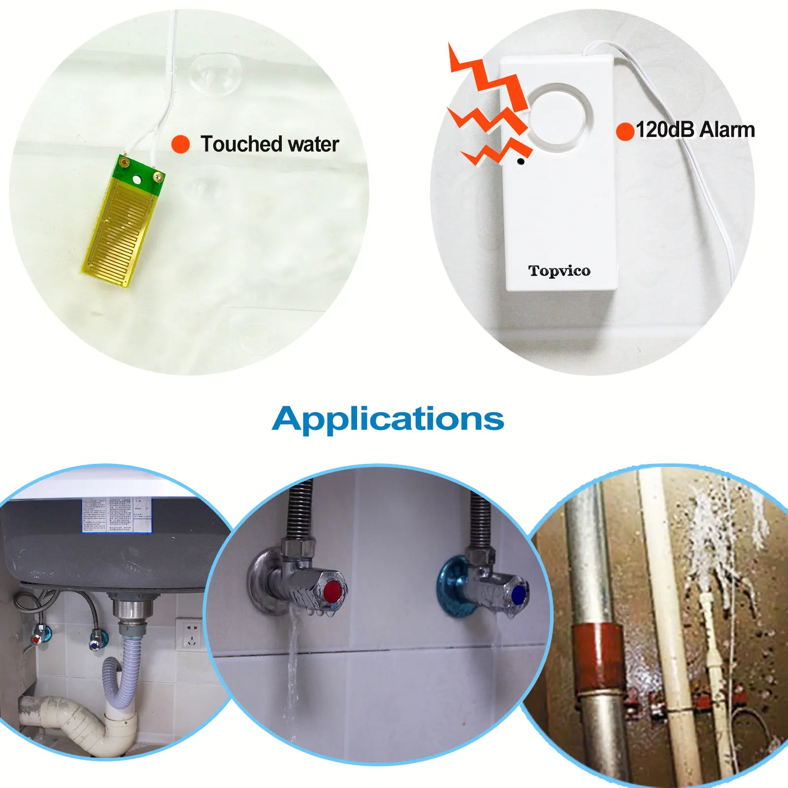 Topvico 누수 센서 감지기, 누수 경보, 홍수 감지, 120dB 경고, 무선 홈 보안 시스템, 5 개