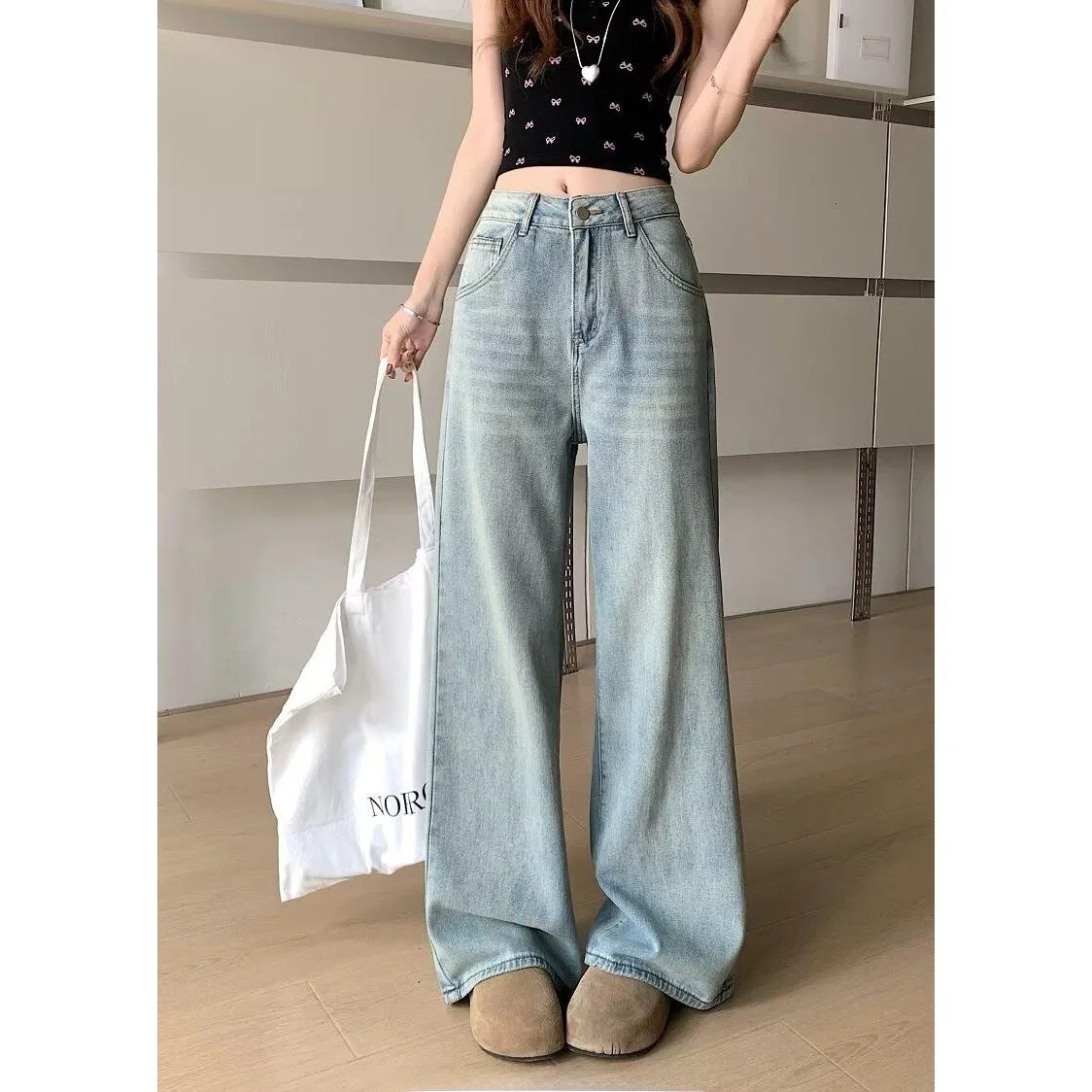 

Light Blue High Waist Straight Leg Jeans Women's Small Size Loose Slimming Wide Leg Floor-Length Pants Versatile Casual Cotto...