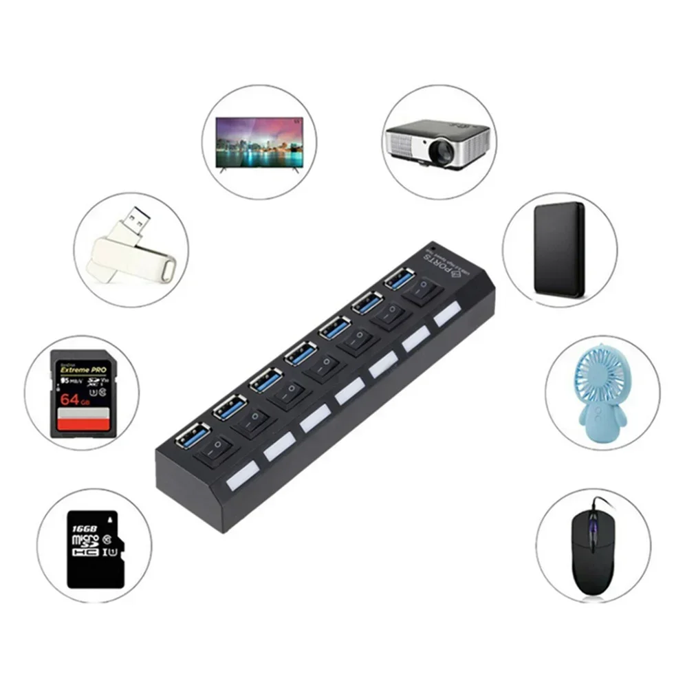 Multi USB 3.0 Hub Multiple 4/7 puertos Hub Splitter con adaptador de corriente Accesorios de computadora Hub para PC