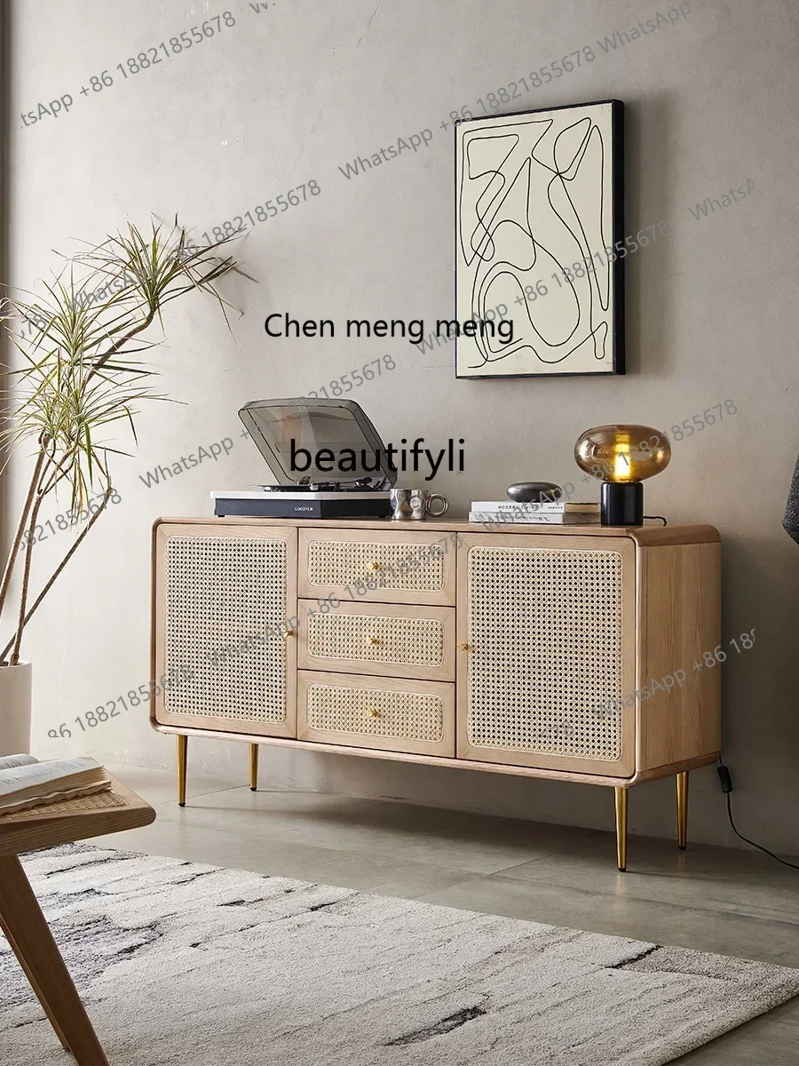 

X Nordic Solid Wood Rattan Drawer Locker Three-Bucket Cabinet Low Cabinet Entrance Cabinet Sideboard