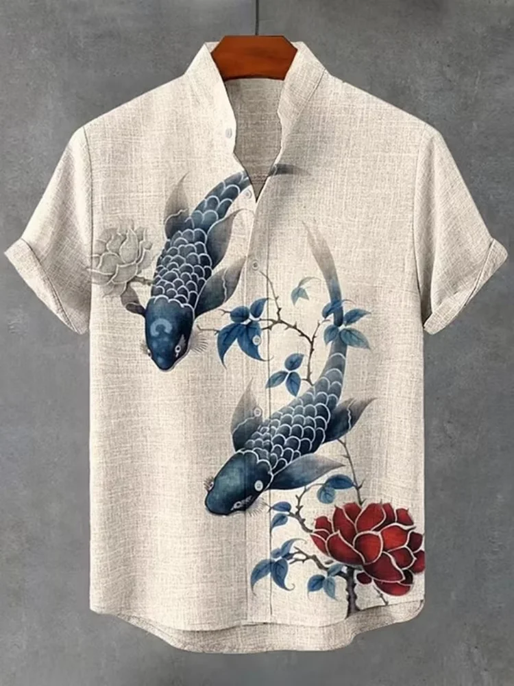 Men's shirt summer short sleeved lapel shirt Japanese ink octopus calligraphy printed loose casual shirt comfortable fabric