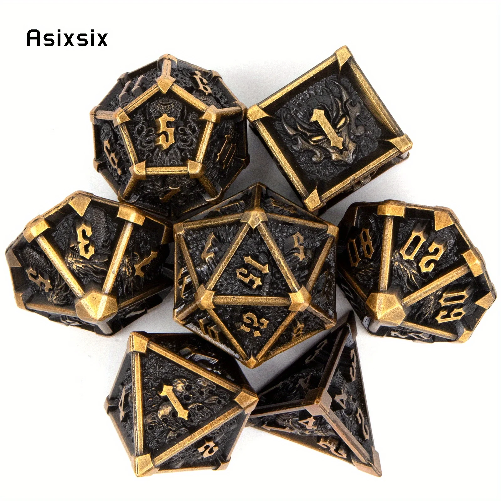 

7 Pcs Black Yellow Skull Metal Dice Solid Metal Polyhedral Dice Set Suitable for Role-Playing RPG Board Game Card Game