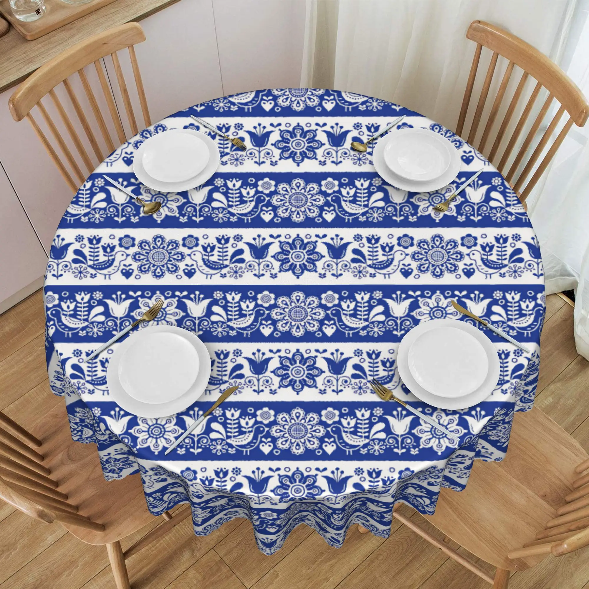 Nappes rondes scandinaves nordiques à motifs floraux et oiseaux, 60 pouces, housses de table pour salle à manger