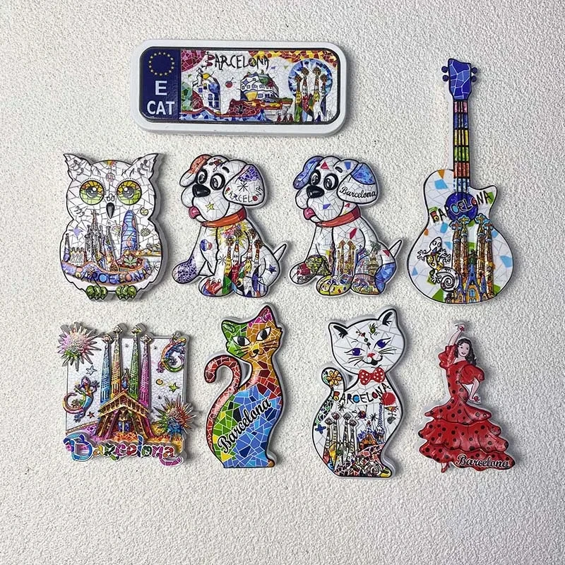 

Barcelona Spain Fridge Magnets: Cute Animal (Owl/Dog/Cat) & Guitar Designs, Showcasing Historic Buildings, Super Strong Magnets