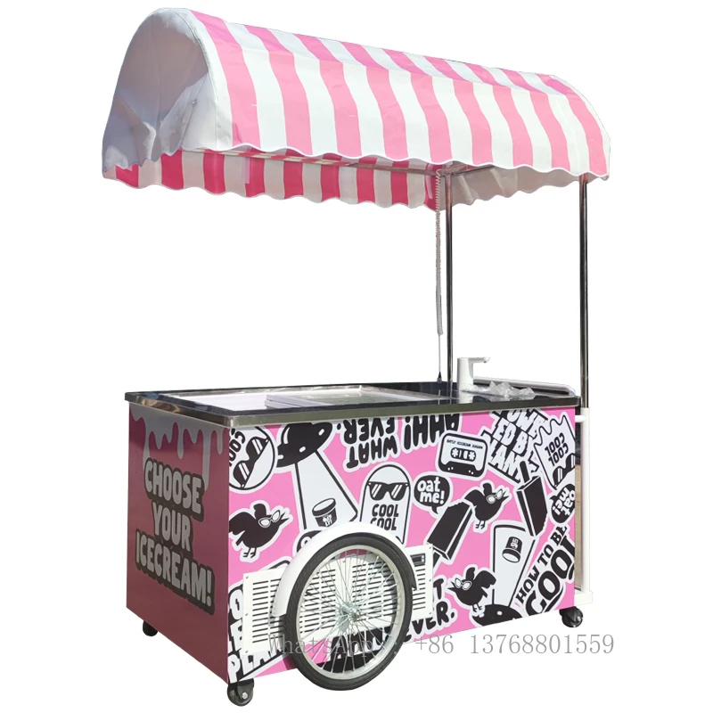 Commercial Ice Cream Mobile Vending Cart Gelato Display Freezer Hand Push Popsicle Ice Cream Cart