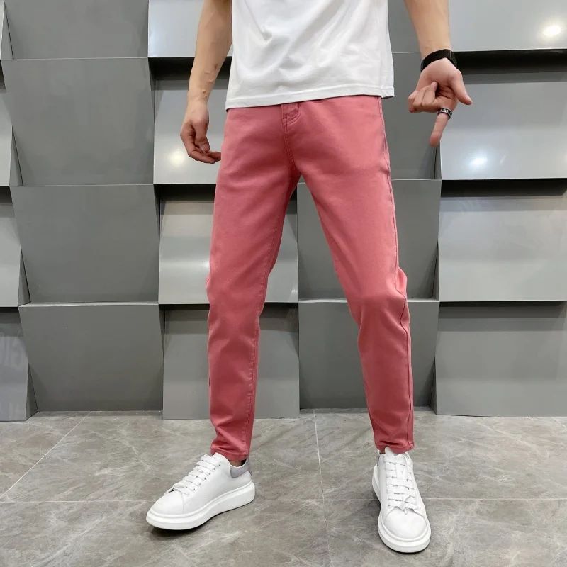 White jeans men's summer thin light luxury fashionable all-match stretch slim fit skinny tight pants men's solid color pants