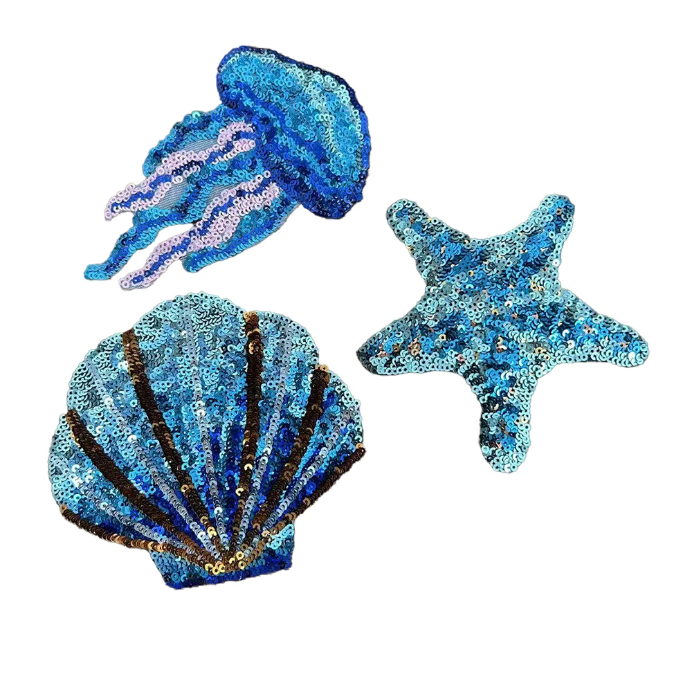 Einteilige Quallen-Muscheln, Seestern, Pailletten-Stickerei-Patch, DIY-Aufbügel-Applikation für Kleidung, Taschen, Dekoration