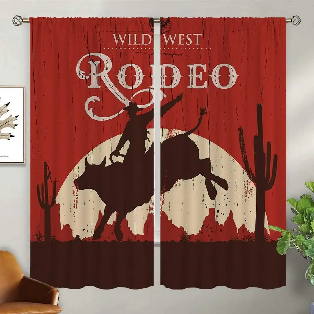 

Cowboy Blackout Curtains for Home Decor,Rodeo Riding Bull Wooden Old Sign Western Rod Pocket Thermal Insulated Drapes Darkening