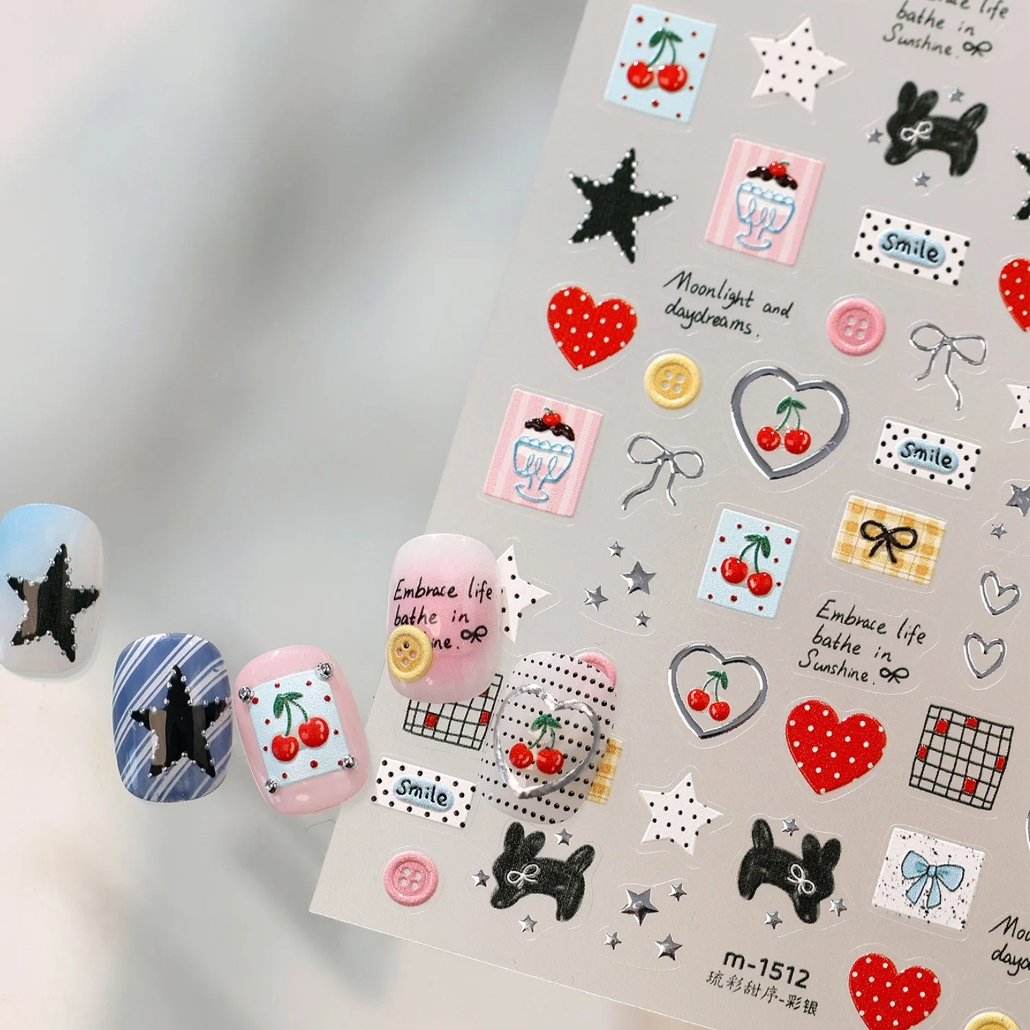 Cute Retro 5D Nail Art Stickers Red Polka Dot Heart Cherry Dog Bowknot Star Plaid Button Square Manicure Self Adhesive Decals