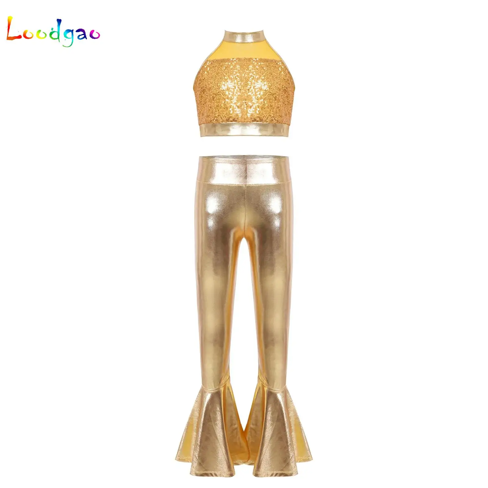 

Kids Girls Sequins Latin Dance Cowgirl Costume Metallic Outfit 70s Disco Hippie Clothes Halter Top + Flares Pants Dancewear Set