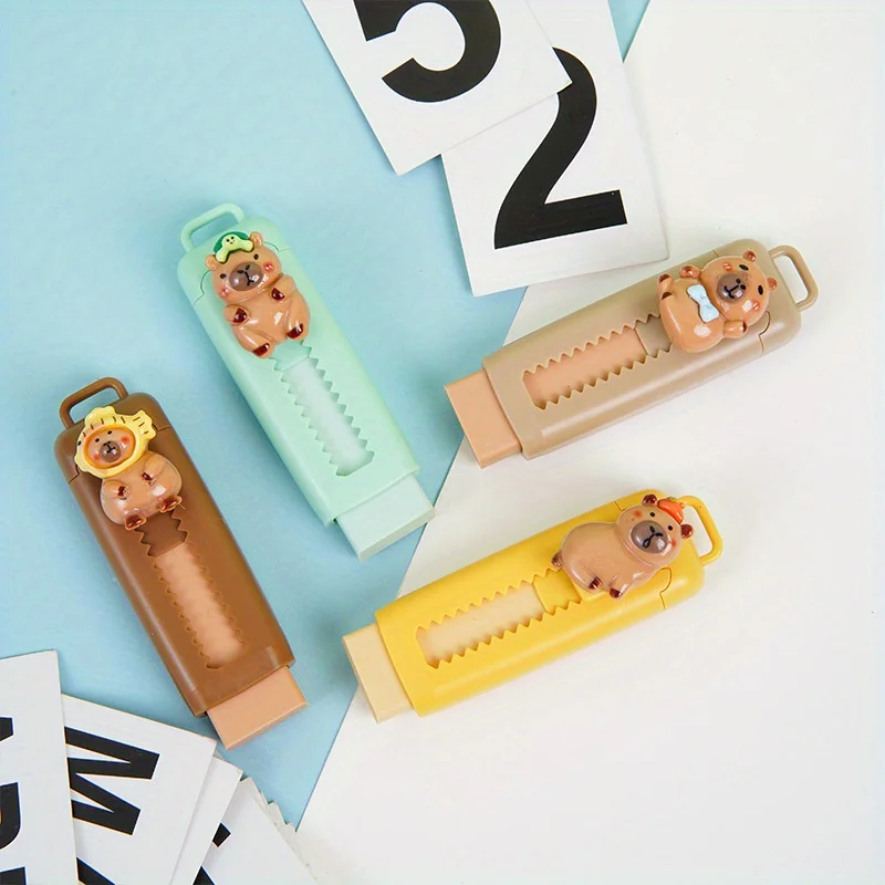 Kawaii Capybara Retractable Eraser Portable Slide Out Pencil Rubber Cute Animal Design School Office Stationery Gift for Kids