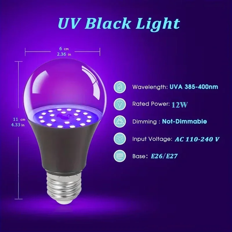 Ampoule violette E26/27 12W, brille dans la nuit, fournitures de fête, lampe de fête, barre de lumière noire, décoration fluorescente, ampoule d'ambiance UV