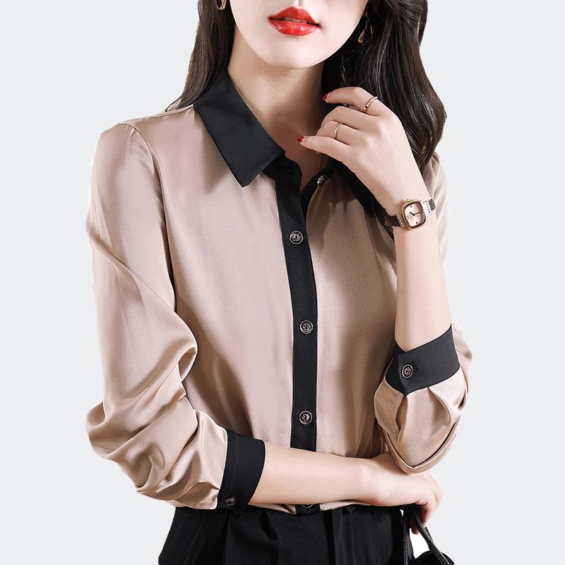 

Chic Color Stitching Elegant Office Lady OL Satin Blouse Female Chiffon Shirts Long Sleeve Casual Tops Autumn Women Clothes
