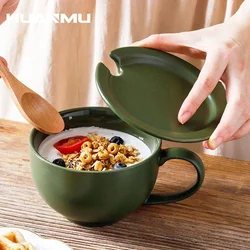 Simple Ceramic Breakfast Cup with Lid Spoon Big Mug Large Capacity Oatmeal Mug Microwaveable Milk Coffee Household Water Cups
