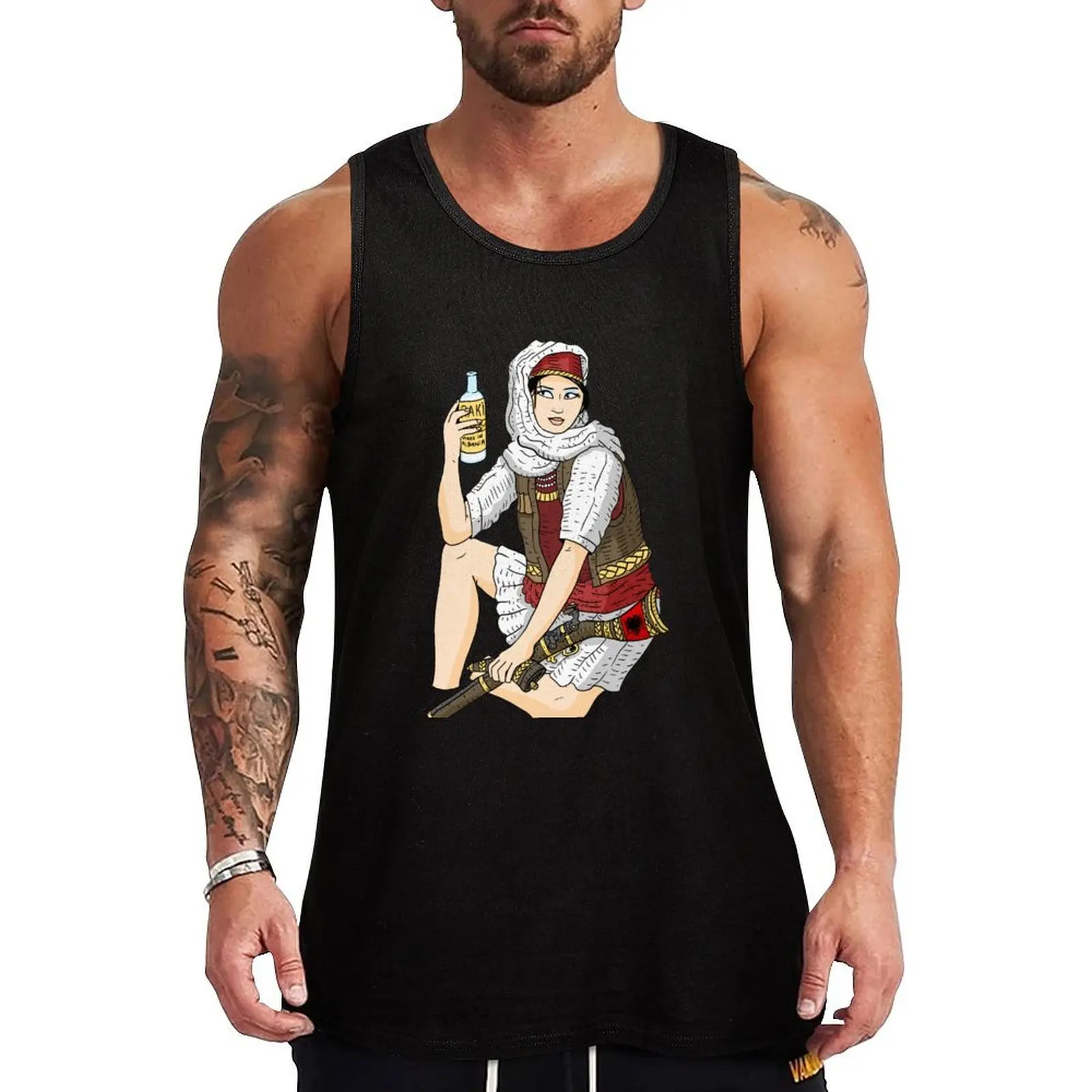Albania. albanian pride. a warrior girl with raki. Tank Top Cooling Fabric Tank Top Summer Lightweight Sleeveless