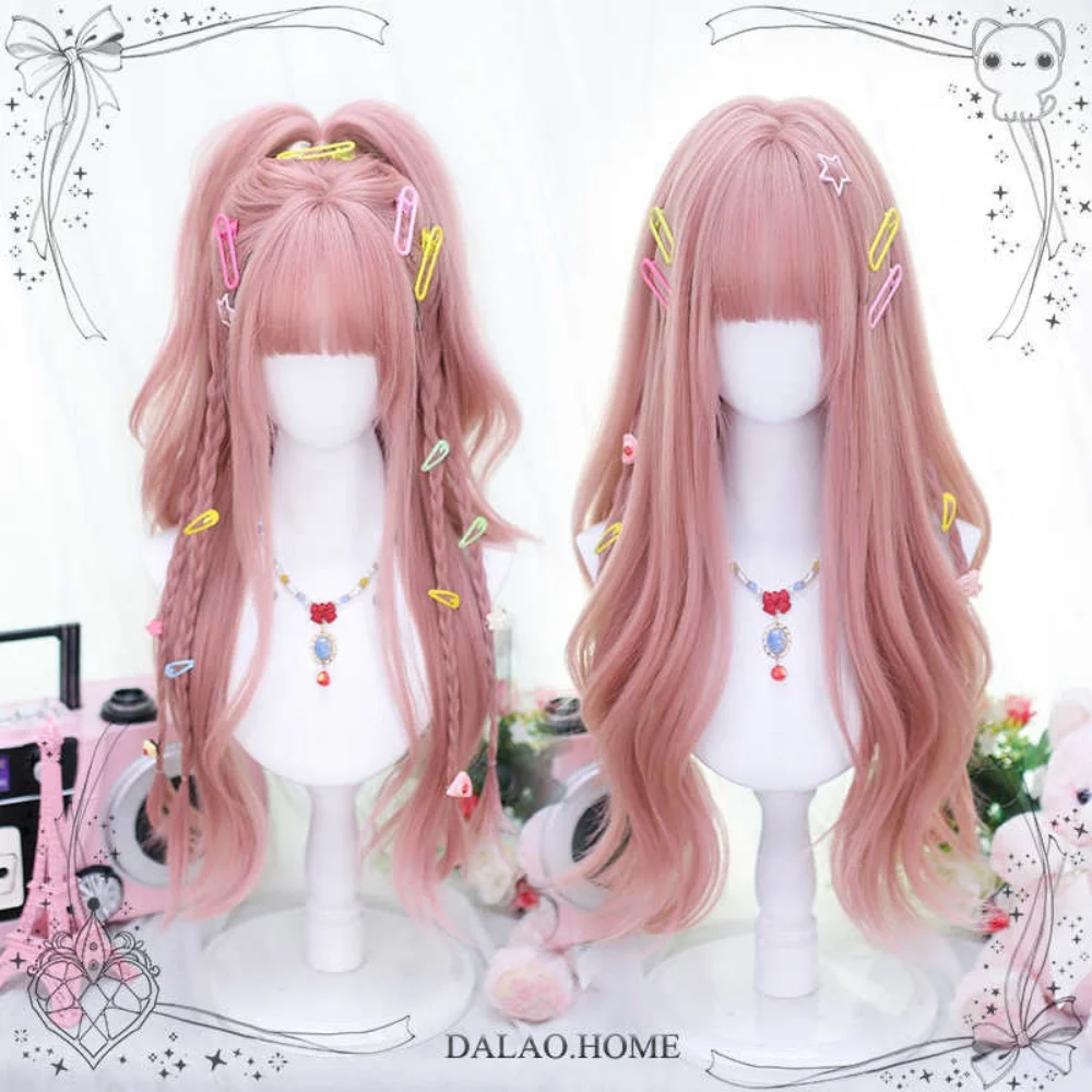 OLACARE Synthetic Long Ombre Colorful Cosplay Lolita Cute Wig With Bangs Natural Wavy Halloween Pink Red White Blue Daily Wigs