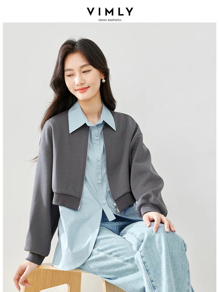 

VIMLY Women's Casual Commuter Suit Autumn Short Double Zipper Cardigan Jacket+Lapel Long Sleeve Irregular T-Shirt 2 Piece Set