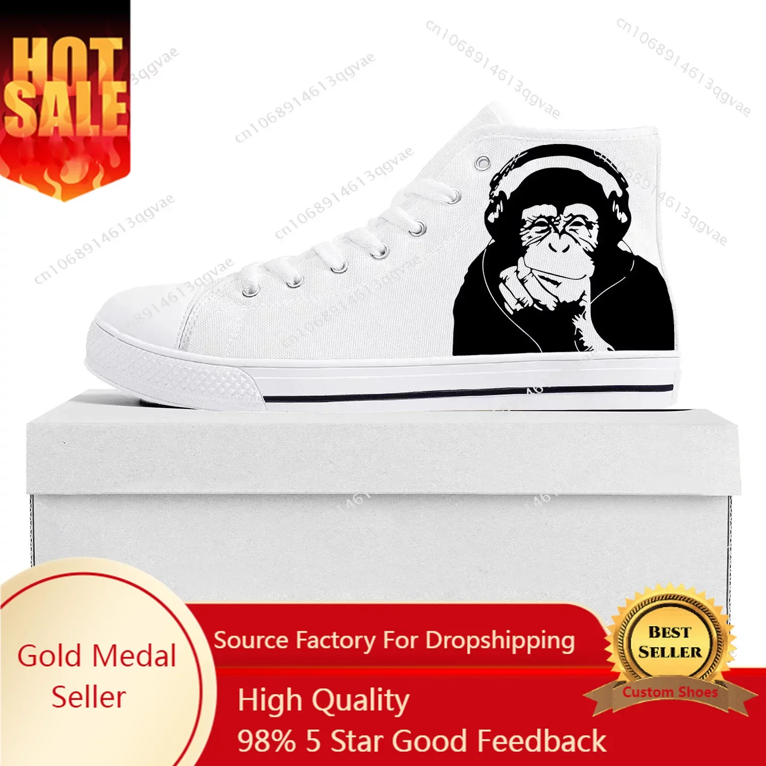 Banksy Thinking Chimp Canvas Sneakers para homens e mulheres, sapatos casuais personalizados, branco, alta qualidade, top, adolescente, casal