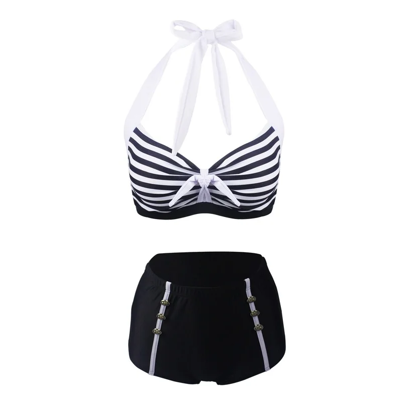 Mulheres Stripe Hip Wrap Biquíni Set, Cabeceira de Cintura Alta, Fatos de Banho Retro Praia, Push Up, 2 pcs, 3XL, Novo, 2022