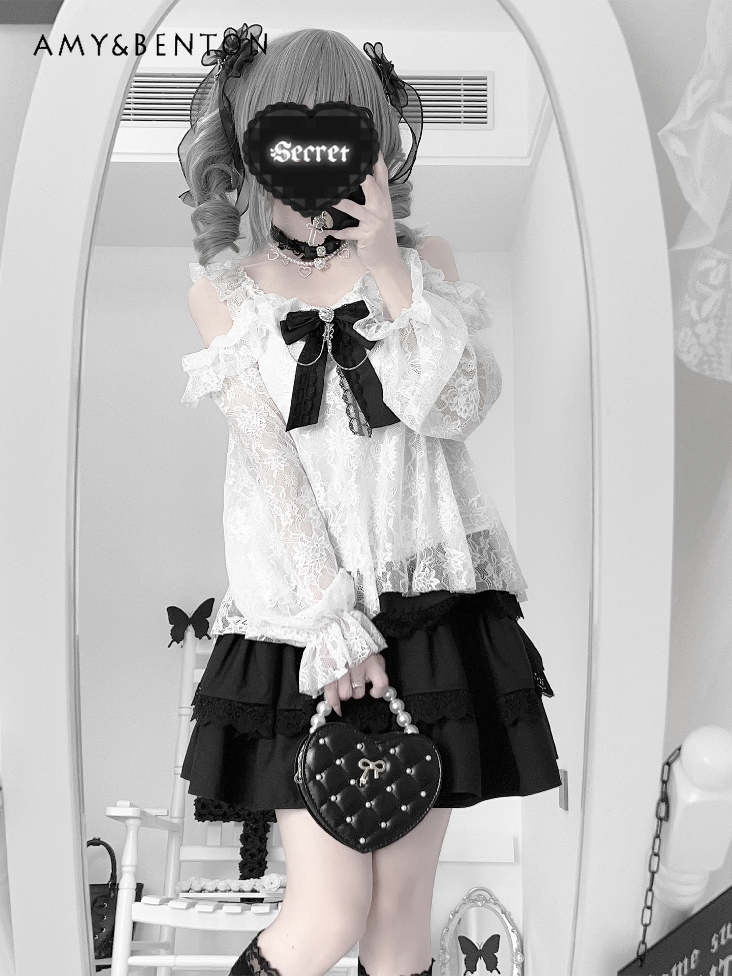 Sweetheart Girl Daily Lolita ชุดกระโปรงฤดูร้อนญี่ปุ่น Mine Off-ไหล่ลูกไม้แขนยาวโบว์เสื้อกระโปรงมินิชุด 2 ชิ้น