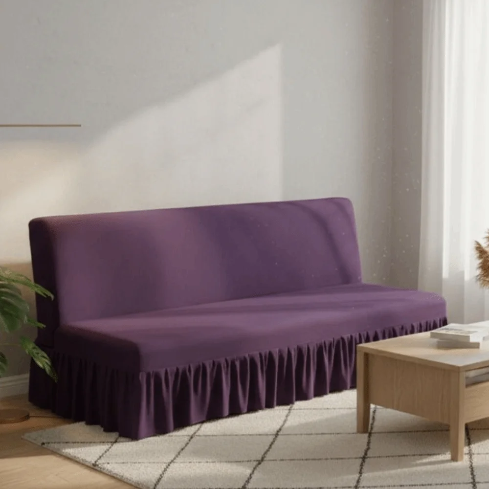 Elastic Armless Futon Sofa Cover with Skirt Stain-resistant Sofa Slipcover Breathable Skin-friendly Folding Sofa Bed Cover