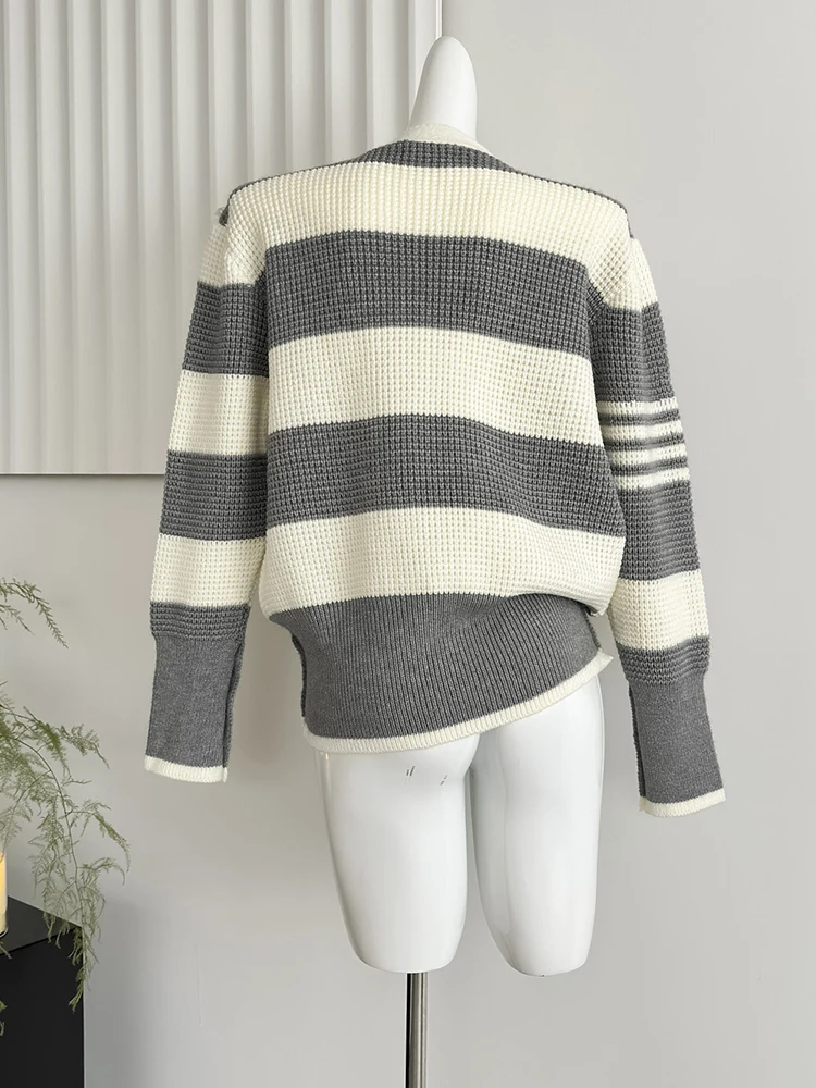 Autumn Winter Woman Korean Vintage V-neck Striped Cardigan Sweater Jacket Knitwears Coat Long Sleeve 2000s Aesthetic Loose Chic