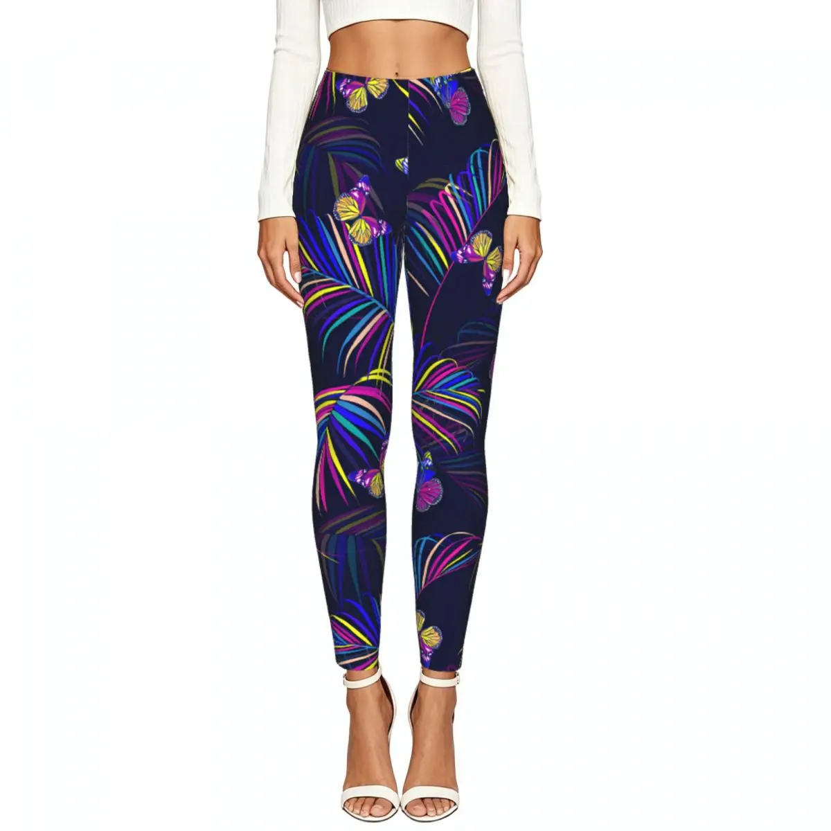 Women High Waist Elastic Leggings Rainbow Tropical Palm Leaves Butterflies Slim Fit Stretchy Pants Casual Wear