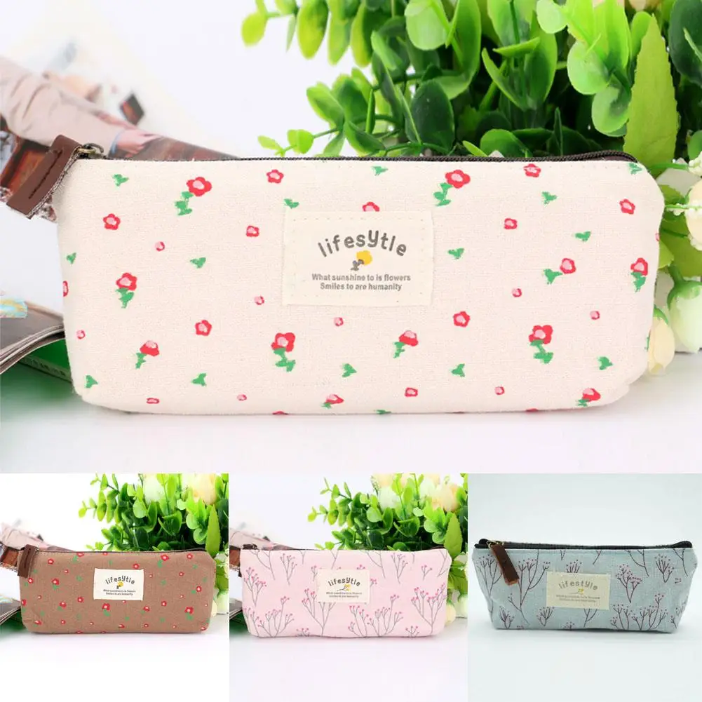 Cute Kawaii Floral Flower Canvas Zipper Pencil Cases Lovely Fabric Flower Tree Pen Bags School Supplies