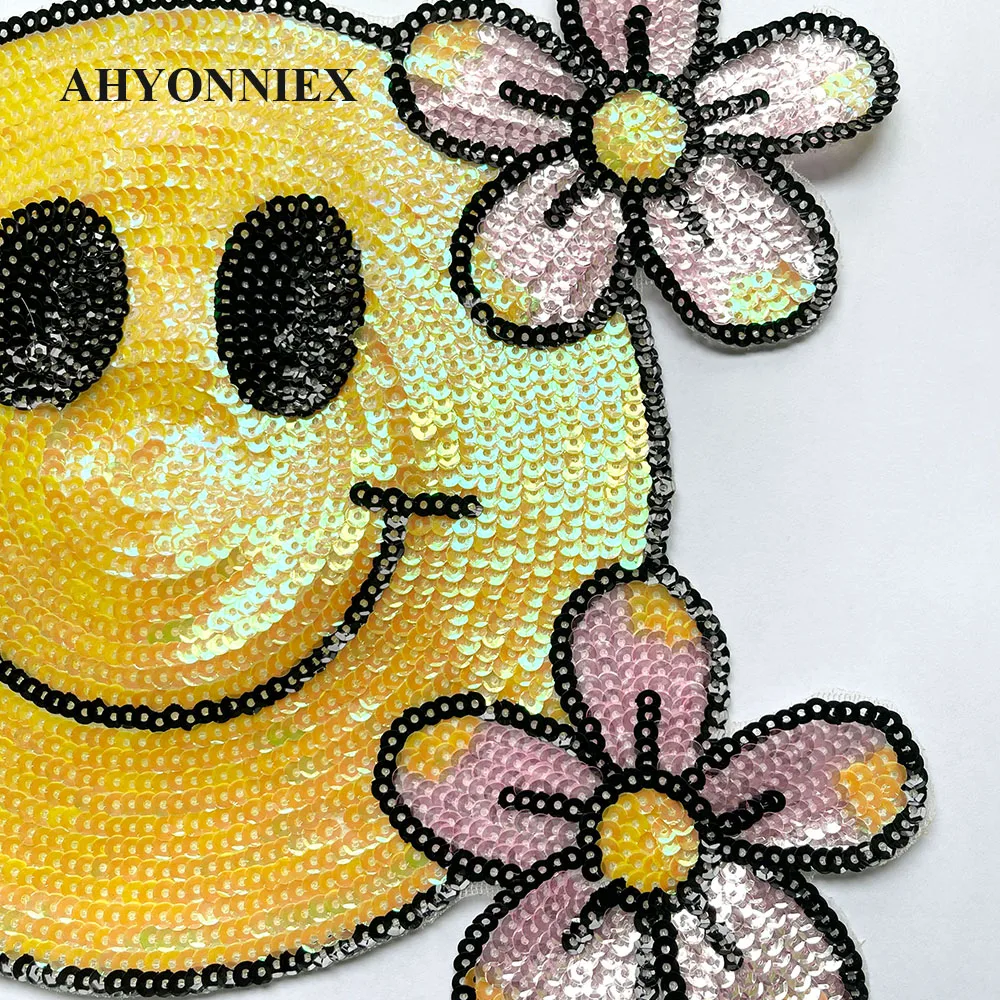 24CM X 28CM Yellow Smile Face Embroidery Patch Sequin Sticker Parches For Clothing Appliques Sew On Patches