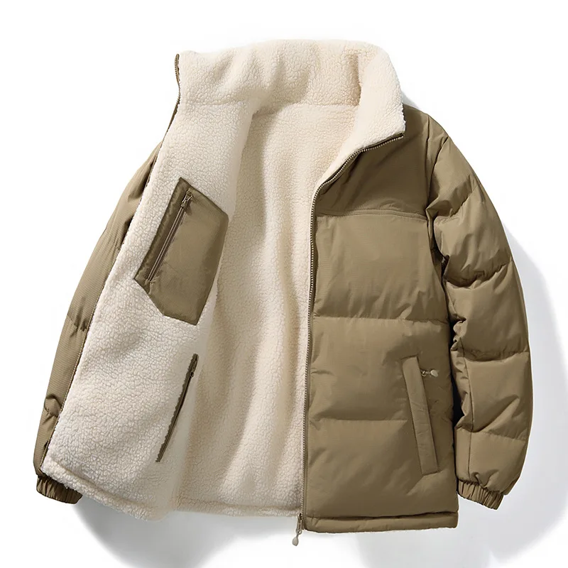 

Men Parkas Coats Lamb Wool Lined Jacket Solid Pockets Long Sleevs Zipper Fly Loose Fit Casual Office Lady 2025 Autumn Winter
