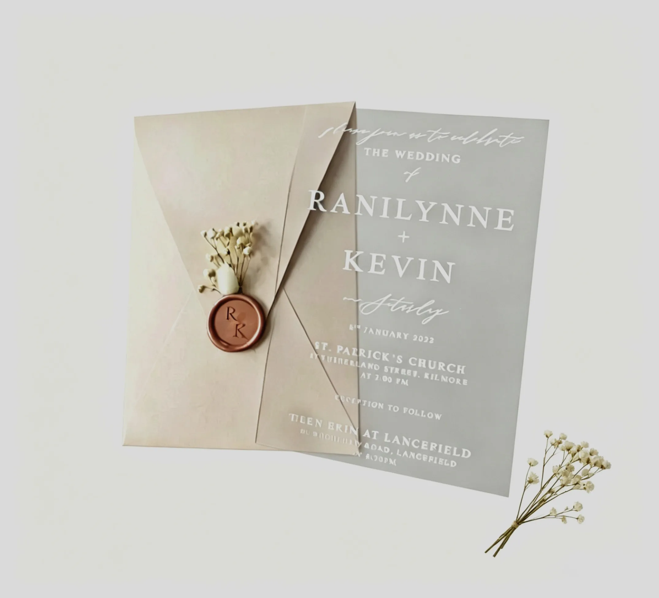 10pcs Frosted Acrylic Wedding Invitation Card with White Ink Custom Ivory Envelop Wedding Souvenir Engagement Party Invitations