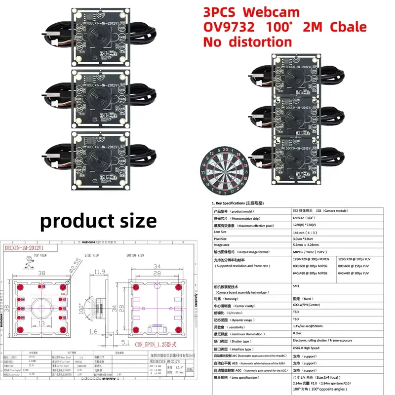 3Pcs 100 Degree Camera Module 1MP OV9732 1280x720 Manual Focus without USB Driver with 2m Cable for WinXP/7/8/10