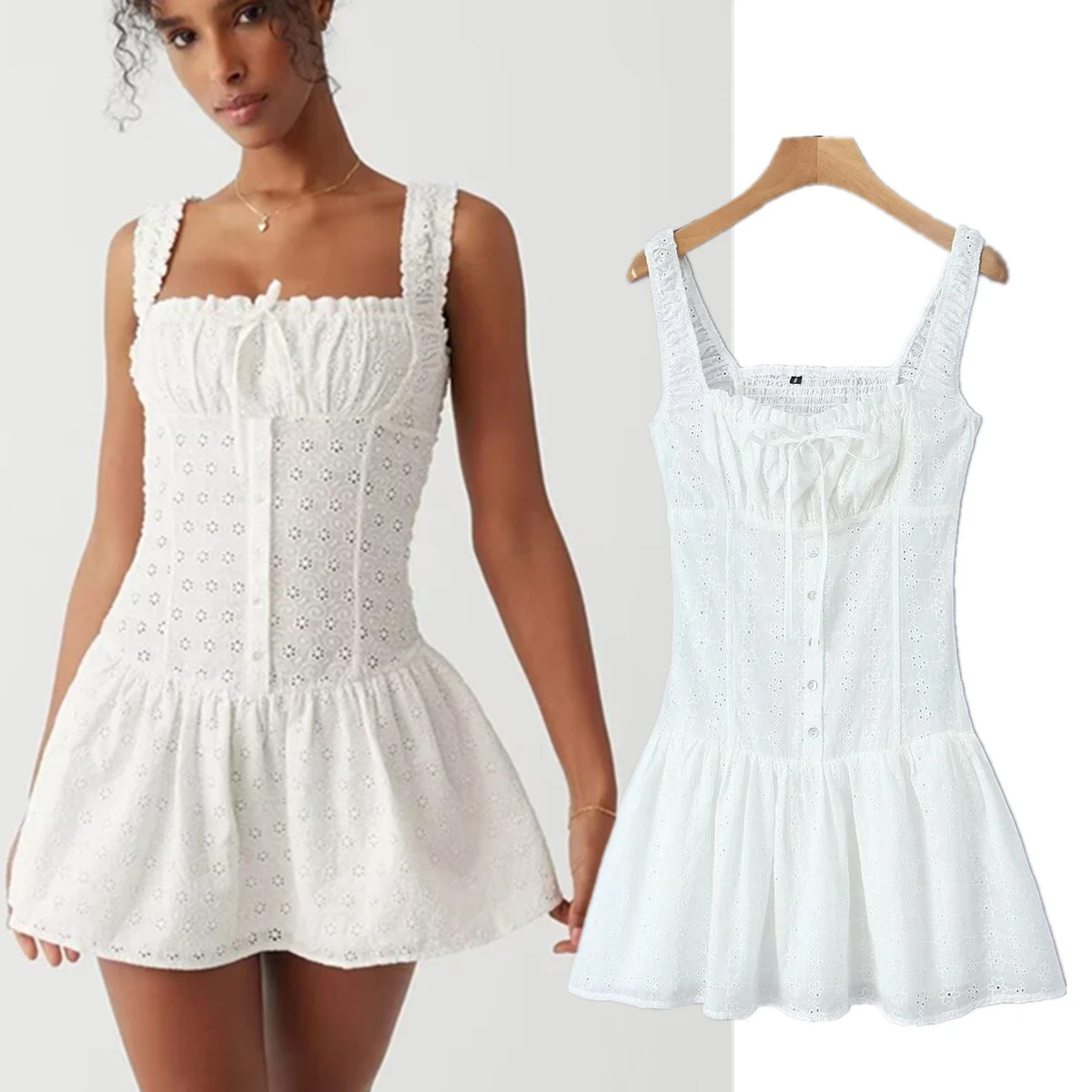 

Maxdutti Casual White Dress Embroidered Pure Cotton Sleeveless Tank Dress Summer Bohemian Vintage Dress Women