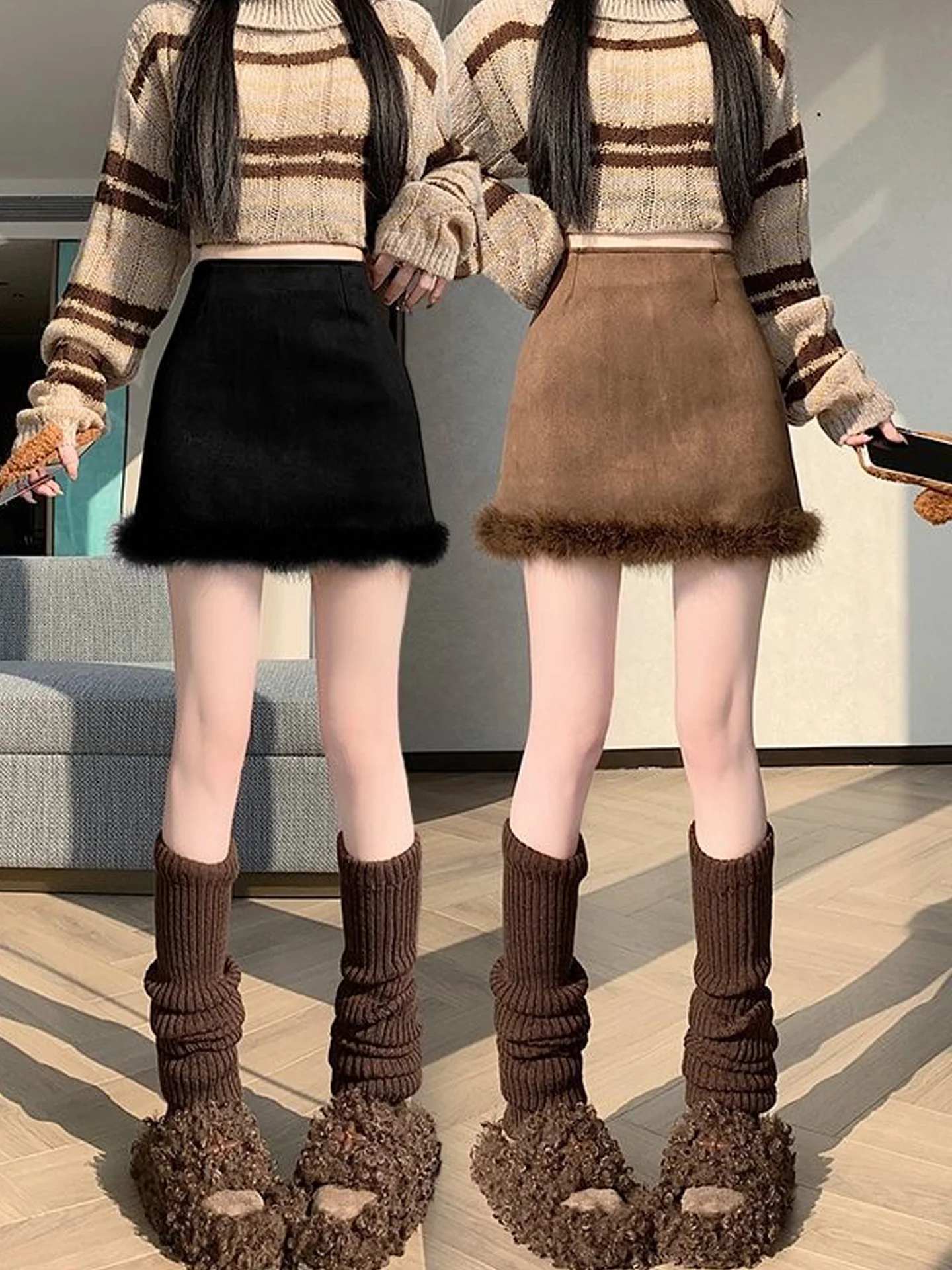 

Caramel Retro Faux Suede Skirt Women's High Waist A-Line Patchwork Fluffy ort Skirt Spring New Sle Korean Sle