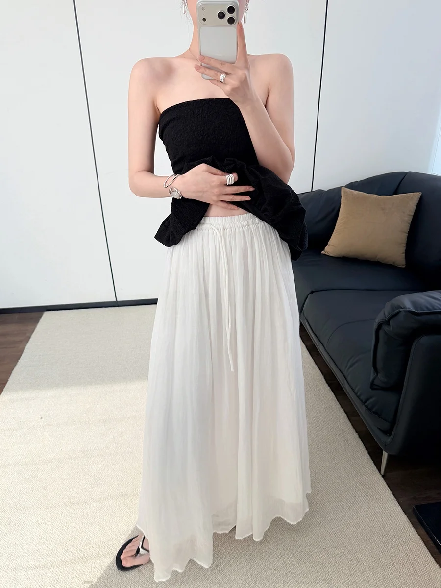 TheWing26 Spring Summer High Waist Drawstring Long Linen Skirt Umbrella Skirt Women's Loose Fit Gored Skirts Cotton
